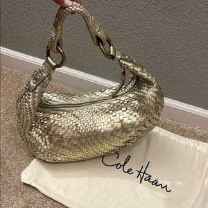 Cole Haan Genevieve Top Zip Hobo Gold Metallic Shoulder Bag with Curved Design